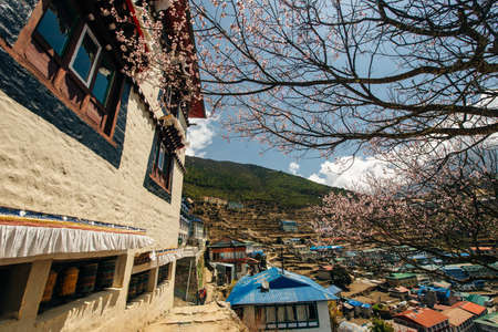 View of Namche bazar - way to everest base camp, Khumbu valley, Sagarmatha national park, Solukhumbu, Nepal.のeditorial素材