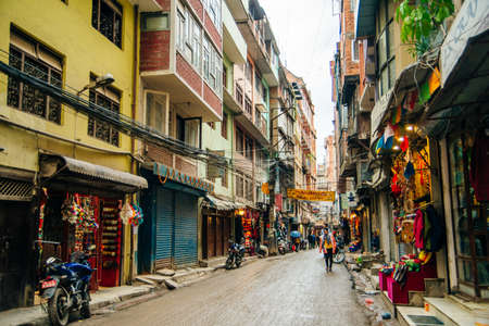 Thamel, Kathmandu, Nepal - July 2019 Street view in Thamel district, known as the center of the tourist industry in Kathmandu.のeditorial素材