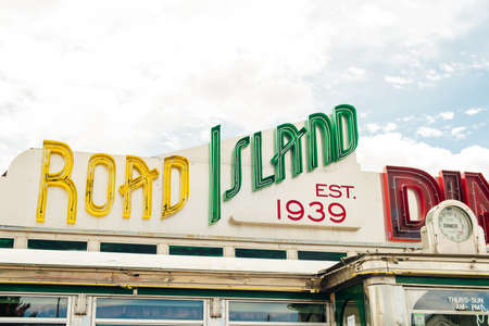 Nevada, USA - September 2019 Cougar mercury old retro car near retro restaurant.のeditorial素材