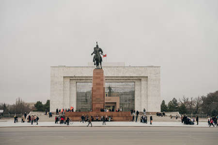 Bishkek / Kyrgyzstan - Feb, 2022 Ala-Too Square with State History Museum and Manas Statue. high quality photoのeditorial素材