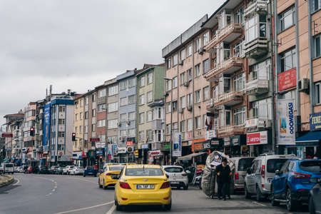 ISTANBUL, TURKEY - OCT, 2021 Taxis await customers along city streets. . high quality photoのeditorial素材