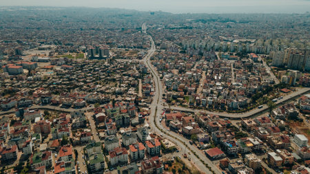 Aerial photograph of Antalya bay in Antalya city from high point of drone fly on sunny day in...
