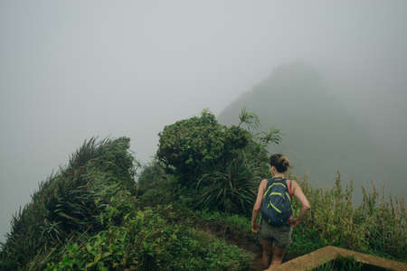 Fog covering Stairway to Heaven in Oahu island Hawaii. high quality photoの写真素材