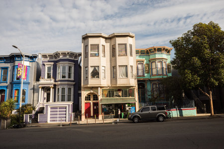 Classic victorian houses in San Francisco, California, USA - dec, 2021. High quality photoのeditorial素材