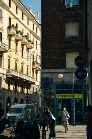 The street with ancient buildings in the center of Milan, Italy - nov, 2021. High quality photoのeditorial素材