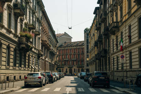 The street with ancient buildings in the center of Milan, Italy - nov, 2021. High quality photoのeditorial素材
