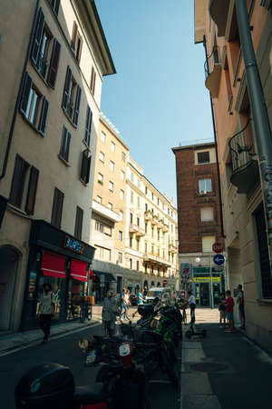 The street with ancient buildings in the center of Milan, Italy - nov, 2021. High quality photoのeditorial素材