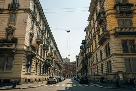 The street with ancient buildings in the center of Milan, Italy - nov, 2021. High quality photoのeditorial素材
