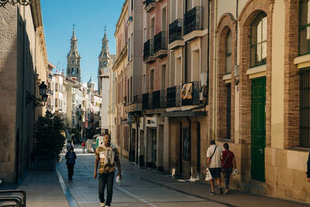 LOGRONO, SPAIN - nov, 2021 Narrow street with restaurants . Logrono, Spain. high quality photoのeditorial素材