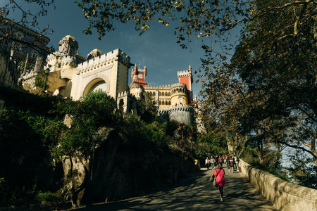 Pena Palace in Sintra, Lisbon, Portugal. famous landmark. Most beautiful castles in Europe. high...
