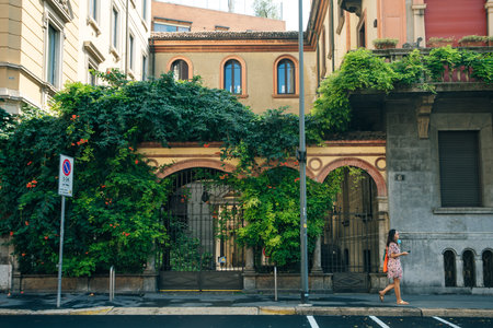The street with ancient buildings in the center of Milan, Italy - nov, 2021. High quality photoのeditorial素材
