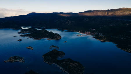 The village of Kalekoy, Kekova view from drone. the Byzantine Simena castle in the center near Kekova island in the Antalya Province of Turkey. high quality photoの写真素材