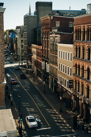 HALIFAX, NS, CANADA - MAY 2022: Historic Buildings on Barrington Street between Prince Street and Sackville street in downtown Halifax, Nova Scotia, Canada. high quality photoのeditorial素材