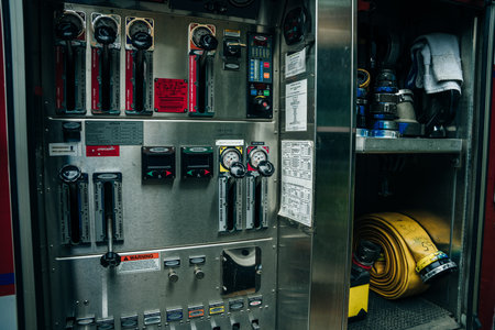 The side view of equipment packed neatly inside a fire engine, fire truck. boston, usa - oct, 2022. High quality photoのeditorial素材