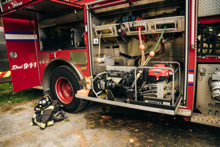 The side view of equipment packed neatly inside a fire engine, fire truck. boston, usa - oct, 2022. High quality photoのeditorial素材