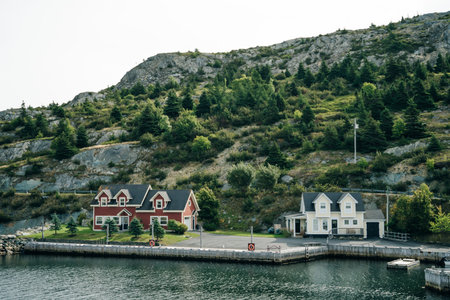 Group of new vacation homes built on the shore Bay Newfoundland, Canada. high quality photoのeditorial素材