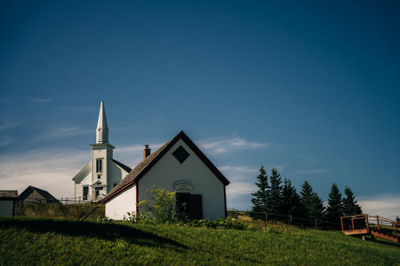 Historic church at Highland Village Museum Iona Cape Breton with Great Bras d'Or Lake. high quality photoのeditorial素材