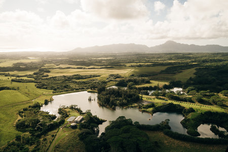 kapaia reservoir. aerial view in Kauai, Hawaiiの写真素材