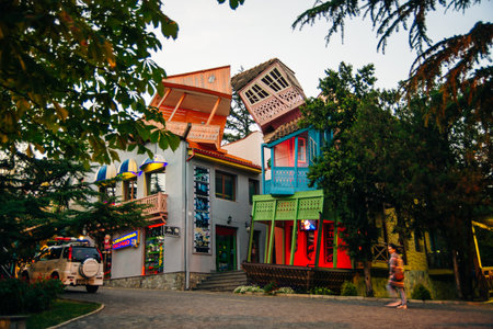 Colorful traditional houses with wooden carved balconies in the Old Town of Tbilisi, Georgia - Sep...