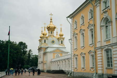 Peterhof (Petergof) which hosts Grand Peterhof Palace on a rainy day. Saint Petersburg, Russia - August, 2021. High quality photoのeditorial素材
