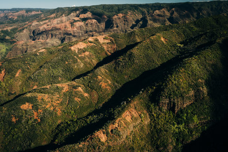 Aerial view of Waimea Canyon Grand Canyon of the Pacific on the western side of Kauai island in...