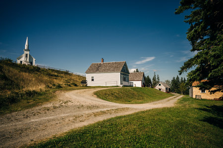 Historic church at Highland Village Museum Iona Cape Breton with Great Bras d'Or Lake. high quality photoのeditorial素材