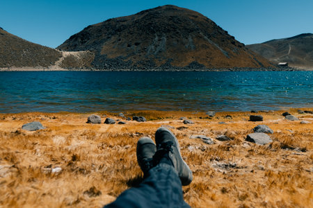 View inside of Volcano Nevado de Toluca National park with lakes inside the crater. landscape near...