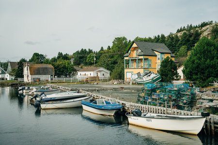 Brigus, Newfoundland, Canada: Small fishing village on a calm, gray day. high quality photoのeditorial素材