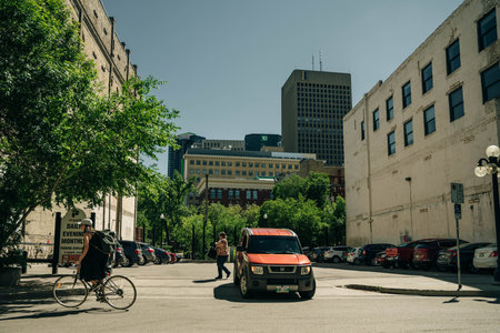 Winnipeg, MB, Canada - June 2022: An empty street in downtown Winnipeg. high quality photoのeditorial素材