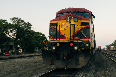 front of Train head yellow or locomotive on the tracks . High quality photoの写真素材