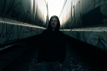 man between two train at the train station, california - may 2023. High quality photo