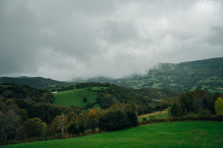 beautiful view of meadows and mountains at dawn north spain. High quality photoの写真素材