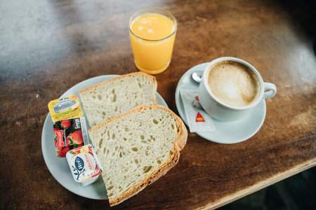 Healthy light meals for breakfast. breakfast table setting. High quality photoのeditorial素材