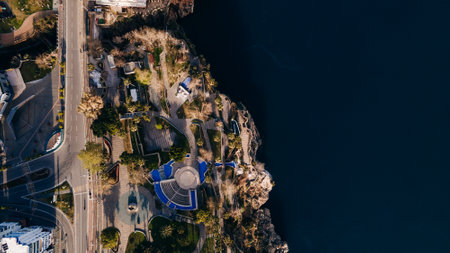 Aerial photograph of Antalya bay in Antalya city of drone fly in Turkeyの写真素材