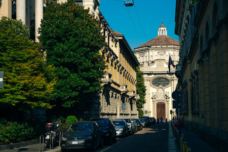 The street with ancient buildings in the center of Milan, Italy. high quality photoのeditorial素材