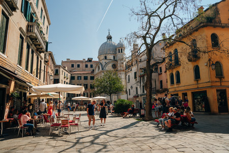VENICE, ITALY - may 2023 urban scene at campo san geremia square in venice city, Italy. high quality photoのeditorial素材
