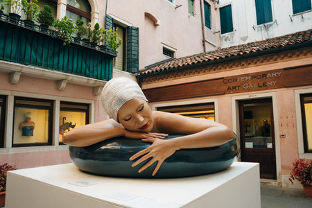 Venice, Italy - April 2023 High resolution. Small contemporary art gallery in Venice. high quality photoのeditorial素材