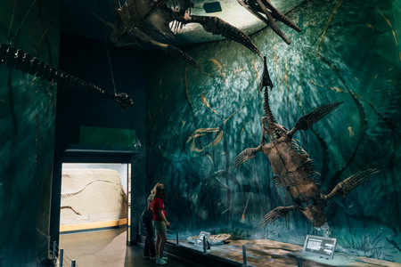 Drumheller, Canada - Mar 2023 Visitors flock to the dinosaur exhibits at the entrance of the Royal Tyrrell Museum. high quality photoのeditorial素材