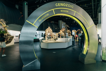 Drumheller, Canada - Mar 2023 Visitors flock to the dinosaur exhibits at the entrance of the Royal Tyrrell Museum. high quality photoのeditorial素材