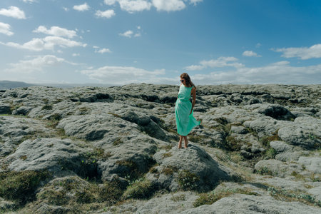 a girl in a beautiful dress stands barefoot on the moss in Iceland. high quality photo