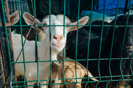 Goat poking its snout through metal fencing. high quality photoの写真素材