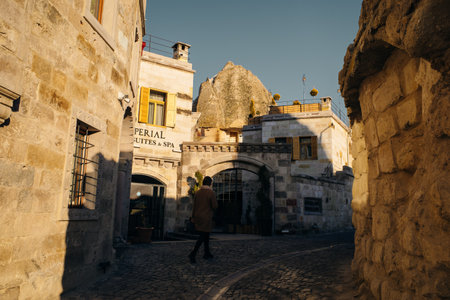 Goreme, Turkey - March 2023 Street with old houses and cave hotels in Goreme, Cappadocia, Turkey. high quality photoのeditorial素材
