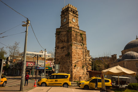 Antalya, Turkey - may 2023 Old town Kaleici panoramic view with mosque minaret and Clock Tower. high...