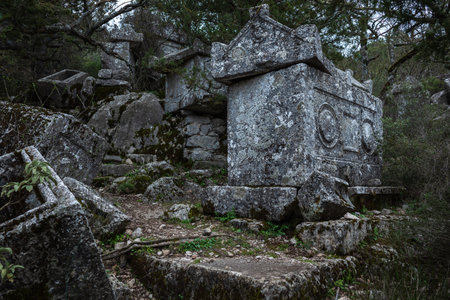 Ruined gymnasium and baths building in Termessos. Ruined ancient city in Antalya province, Turkey. high quality photoの写真素材