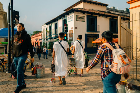 SAN CRISTOBAL, MEXICO- may 2023 Tzotzil Maya people at main waking street of San Cristobal de las casas . high quality photoのeditorial素材