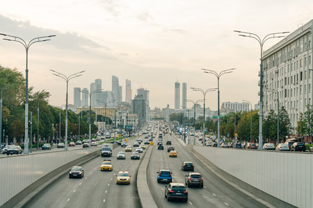 broad highway in moscow against the backdrop of moscow city, russia - may 2023. High quality photoのeditorial素材