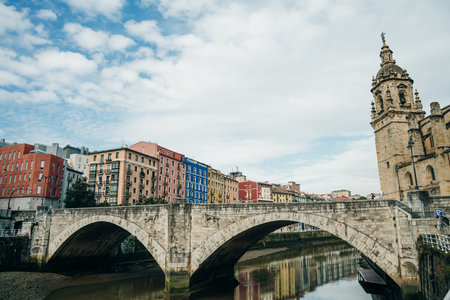 Panoramic view of bilbao old town with san Anton church at background, Spain - May 2023. High quality photoのeditorial素材