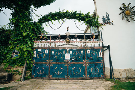 Ayegui, Navarre, Spain - September 2022 Wine fountain on the Way of Saint James at the foot of Mount Montejurra. high quality photoのeditorial素材