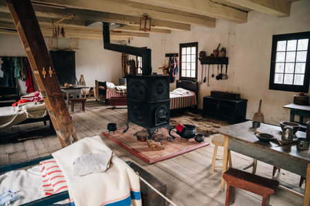 interiors in Fort William Historical Park, aboriginal village, Thunder Bay, Ontario, Canada - May 2023. High quality photoのeditorial素材