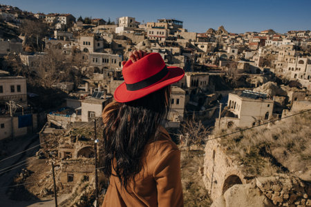 girl in a red hat in cappadocia. High quality photoの写真素材